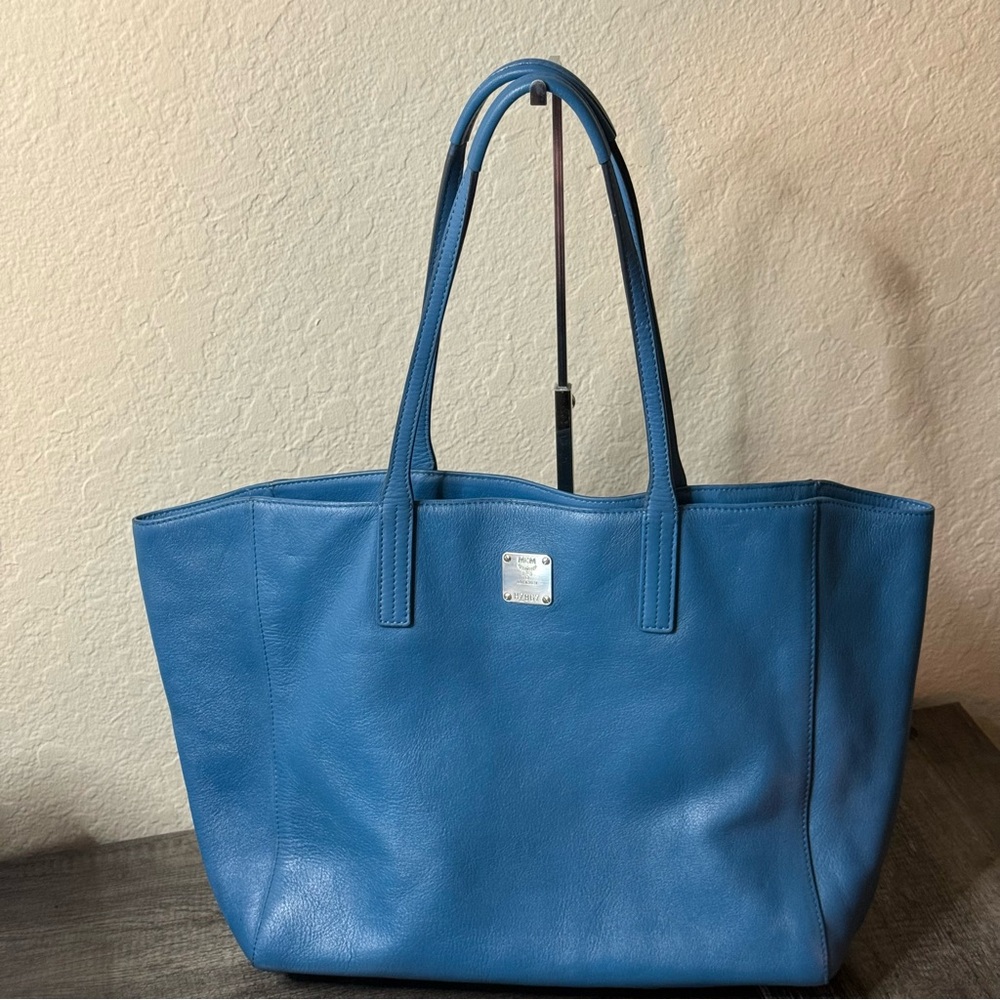 MCM Soft Blue Leather Shopper Tote with Pouch